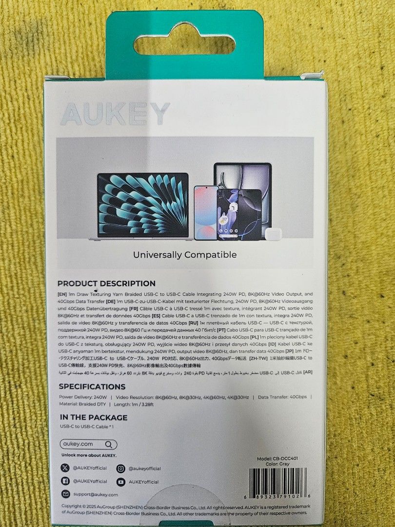 Aukey 240w fast charging cable Original (Category: Chargers & Cables) located in Pasay City. Submitted by son_castor (Listing ID 1447701025, Image 3). Description: Original Aukey Cable fast charging Good for gaming also 1m available 2m also available Good for android and iphone.