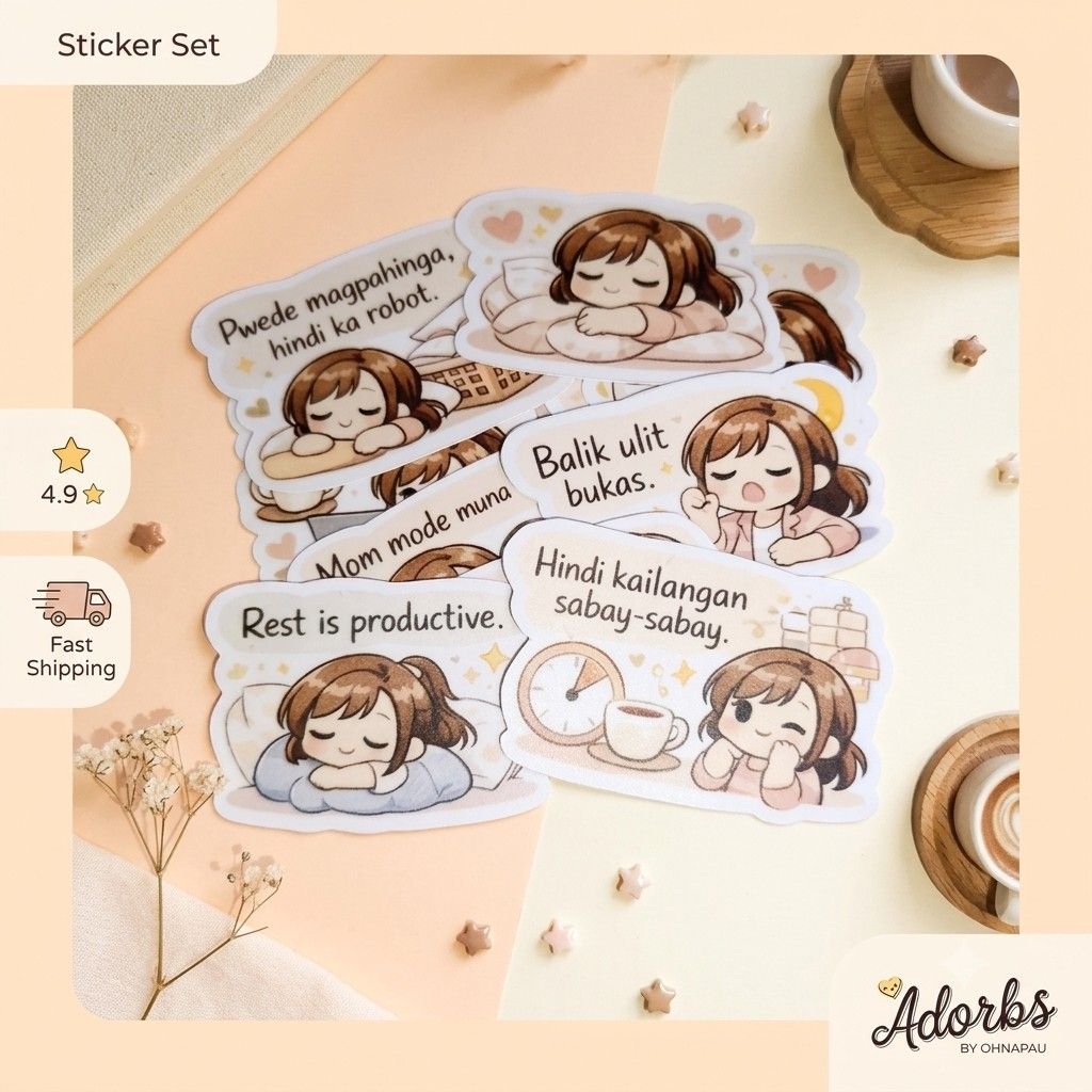Balance Lang, Hindi Perfect Sticker Set (Category: Art & Prints) located in Mandaluyong City. Submitted by ohnapau (Listing ID 1447724533, Image 1). Description: 🌙 Balance Lang, Hindi Perfect Sticker Set | Cute Cozy Waterproof Vinyl Stickers | Adorbs by Ohnapau Feeling tired? These cozy reminder stickers are here to remind you that resting is productive too. 💛 Perfect for journals, planners, laptops, water bottles, tablets, and anywhere you nee