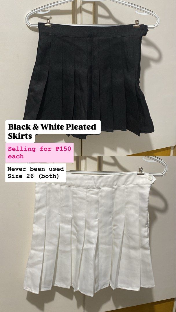 Black & White Pleated Skirts - Size 26 (Category: Skirts) located in Manila. Submitted by gelle.02 (Listing ID 1447867690, Image 1). Description: - Brand new pleated skirts (1 black, 1 white) - Size 26 - Never used - Ideal for school uniforms or cosplay - Price: P150 each.