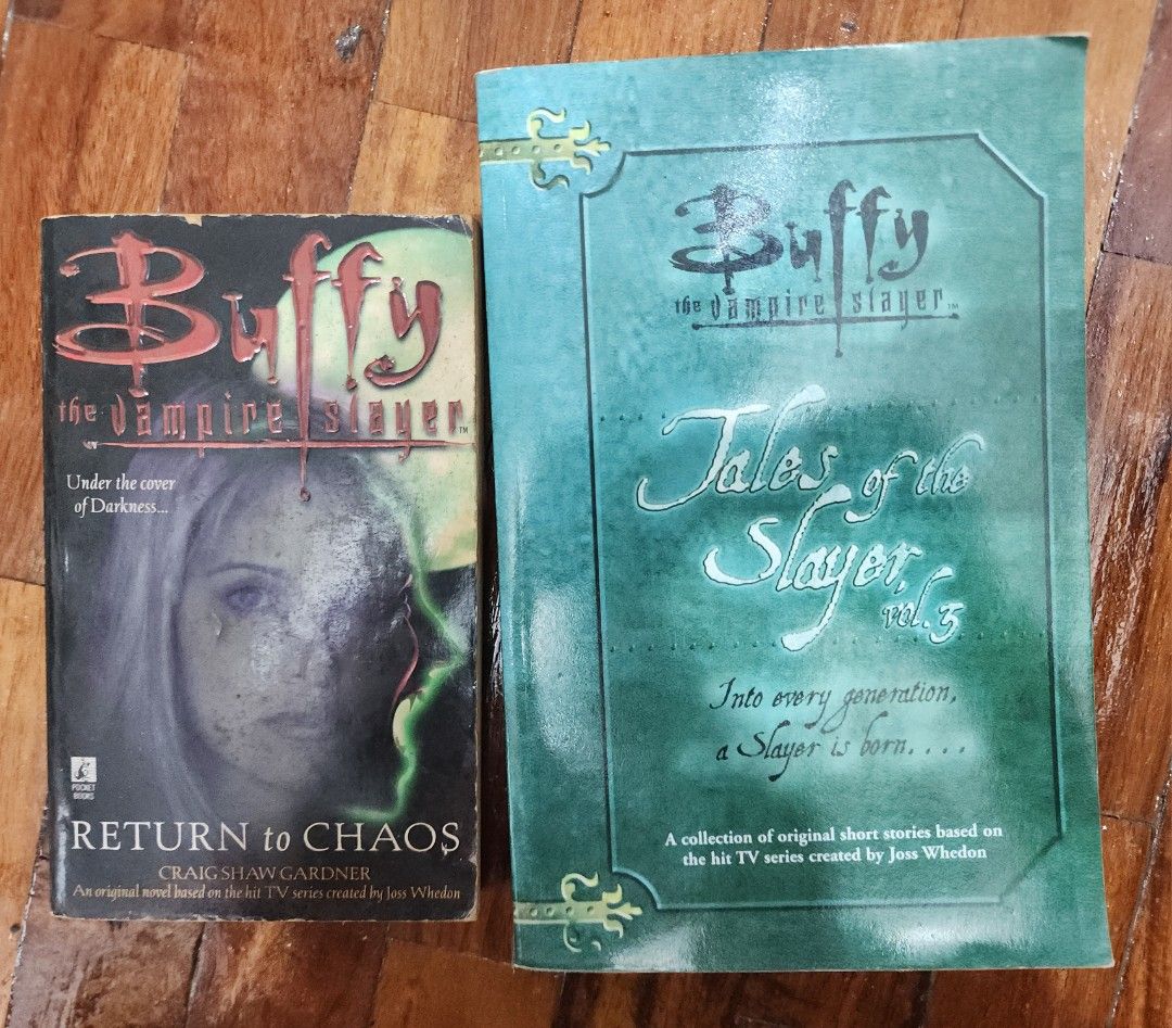 Buffy the Vampire Slayer books (Category: Storybooks) located in Paranaque City. Submitted by recklessflyer (Listing ID 1447825639, Image 1). Description: - Two Buffy the Vampire Slayer books included. - 'Return to Chaos' original novel by Craig Shaw Gardner. - 'Tales of the Slayer, Vol. 5' collection of short stories. - Both books are based on the hit TV series created by Joss Whedon. - Great for fans of the Buffyverse. Sold as a set. Location i