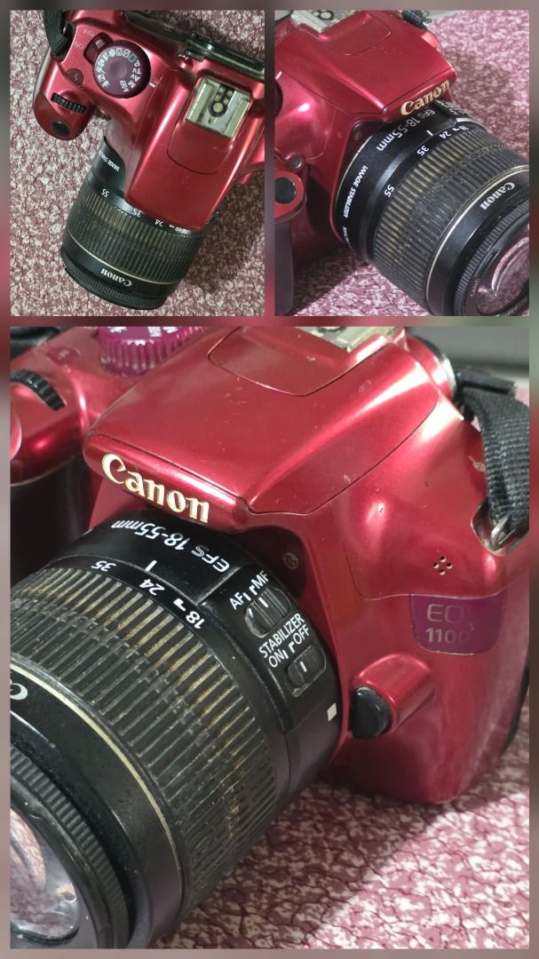 Canon EOS 1100D Red DSLR Camera (Category: Cameras) located in Valenzuela. Submitted by warmstar-8505 (Listing ID 1447804460, Image 1). Description: - Red Canon EOS 1100D DSLR Camera - Includes Canon EF-S 18-55mm lens with Image Stabilization issue: lens body with rust screen with vignette battery bought from orange app with charger loc: Sta Rosa.