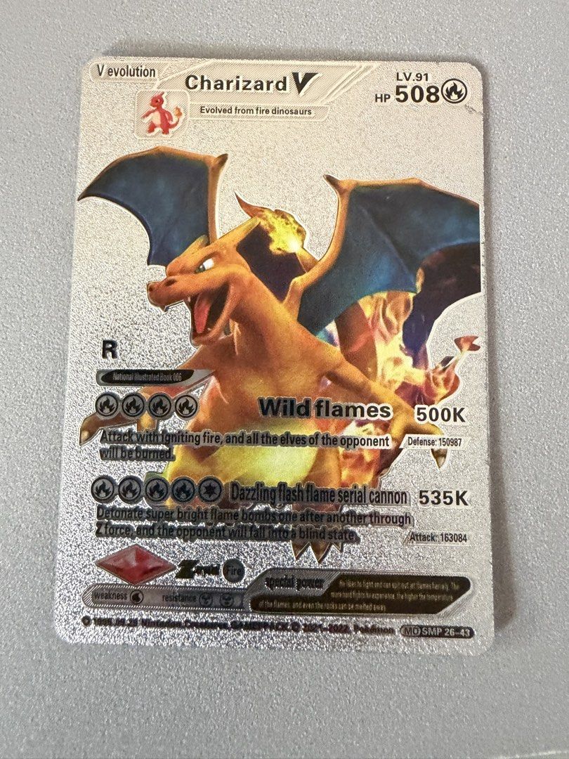 Charizard card (Category: Raw Cards) located in Singapore. Submitted by sgbirder08 (Listing ID 1447688421, Image 1). Description: - Charizard V Pokemon Card - Level 91 - 508 HP - Powerful attacks: 'Wild flames' (500K) & 'Dazzling flash flame serial cannon' (535K) - High Defense (150587) & Attack (163084) - Perfect for any Pokemon collector!.