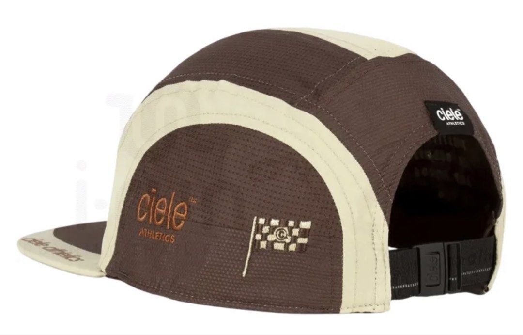 Ciele Athletics 5 Panel Cap Brown Cream (Category: Caps & Hats) located in Quezon City. Submitted by pwrrys (Listing ID 1447697611, Image 2). Description: - Brand: Ciele Athletics - Style: 5-panel cap - Colors: Brown and cream - Features: Embroidered Ciele Athletics logo on front, small checkered flag detail on side - Fit: Adjustable strap at the back - Ideal for: Running and casual wear.