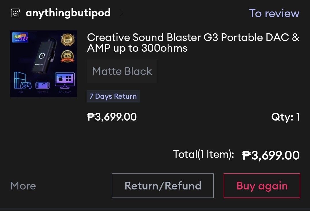 Creative Sound Blaster G3 Portable DAC & AMP (Category: Soundbars, Speakers & Amplifiers) located in Manila. Submitted by legendaryl420 (Listing ID 1447677927, Image 1). Description: - Portable DAC and Amplifier (Sound Blaster G3) - Matte black finish - Supports headphones up to 300ohms - Ideal for gaming and enhanced audio experiences - Includes original packaging.