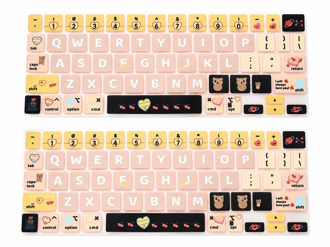 Cute Pink Keyboard Cover with Bear and Cherry Designs (Category: Computer Keyboard) located in Manila. Submitted by chiiisells_ (Listing ID 1447844489, Image 1). Description: - Adorable pink keyboard cover for Mac. - Features cute bear and cherry designs on select keys. - Clearly marked keys: Tab, Caps Lock, Shift, Control, Option, Cmd. - Includes fun symbols and numbers. - Protects your keyboard from dust and spills. - Perfect for personalizing 