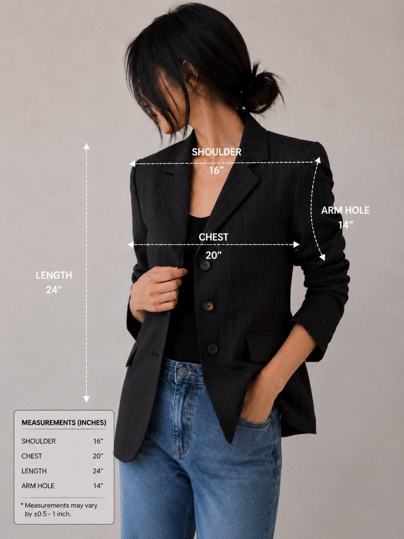 Dark Striped Blazer (Category: Coats, Jackets and Outerwear) located in Mexico. Submitted by studioleraph (Listing ID 1447686495, Image 2). Description: BLZ 07 - A 📏 Measurements (in inches): • Shoulder: 16 • Chest: 20 • Length: 24 • Armhole: 14 🫶 See Brand on Photo 🔥 The model photos are AI-generated for styling and fit visualization only. 👗 The actual item being sold is the original garment shown in the product photos. Small differences in 