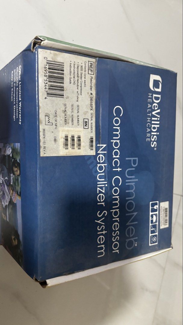 DeVilbiss PulmoNeb Compact Compressor Nebulizer System (Category: Medical Supplies & Tools) located in Bulacan. Submitted by mreyes21 (Listing ID 1447733822, Image 2). Description: - DeVilbiss PulmoNeb compact compressor nebulizer system - Includes main unit and power cord - Original box included - Perfect for effective respiratory treatments - User-friendly and convenient for storage.