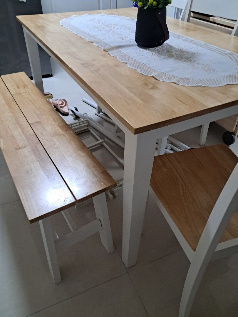 Dining Set for 6 (Category: Tables & Sets) located in Caloocan City. Submitted by mochicate (Listing ID 1447686639, Image 3). Description: Dimensions (L x W x H): 150x90x75 cm Bench 120x30x45 cm Chair 45x40x45 cm - Dining set designed for 6 people (4 chairs + 1 bench). - Features a natural wood tabletop with a clean, modern white frame for the chairs. - Chairs have comfortable wooden seats. - Ideal for family gatherings and everyday dining..