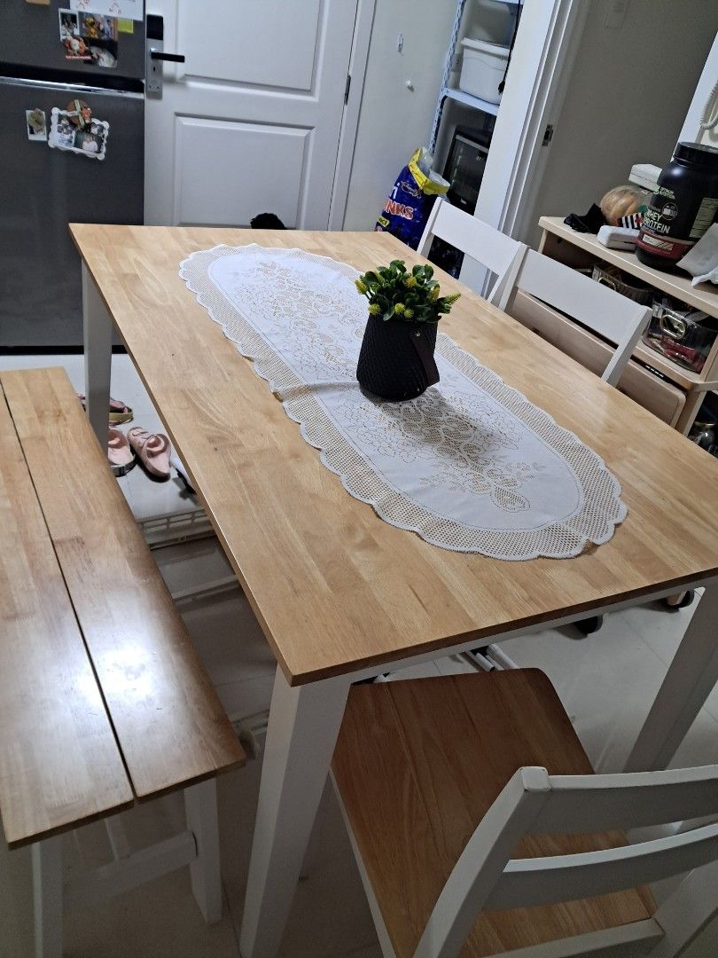 Dining Set for 6 (Category: Tables & Sets) located in Caloocan City. Submitted by mochicate (Listing ID 1447686639, Image 1). Description: Dimensions (L x W x H): 150x90x75 cm Bench 120x30x45 cm Chair 45x40x45 cm - Dining set designed for 6 people (4 chairs + 1 bench). - Features a natural wood tabletop with a clean, modern white frame for the chairs. - Chairs have comfortable wooden seats. - Ideal for family gatherings and everyday dining..