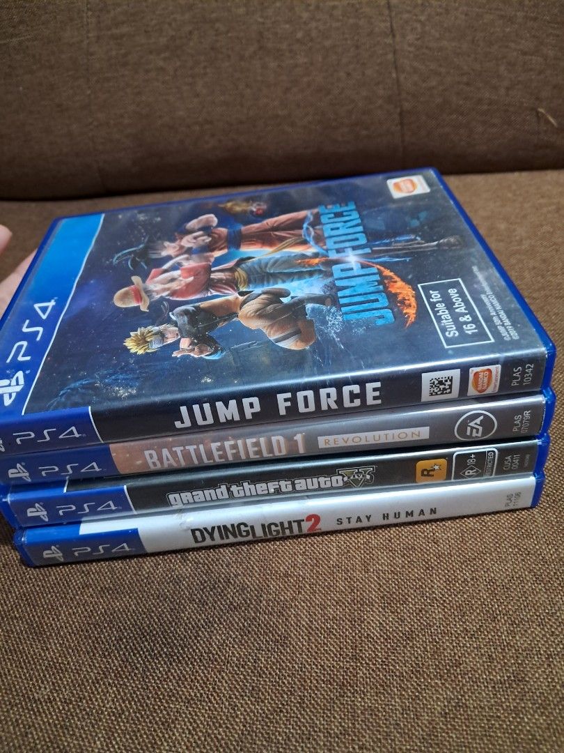 For sales ps4 cds (Category: PlayStation) located in Manila. Submitted by auntmayngpinas (Listing ID 1447770620, Image 1). Description: Jumpforce - 900 Battlefield 1 - 600 Gta 5- 350 Dyinglight 2 - 1,500 no meetups, delivery only can ship around olongapo, zambales sf will be shouldered by buyer.