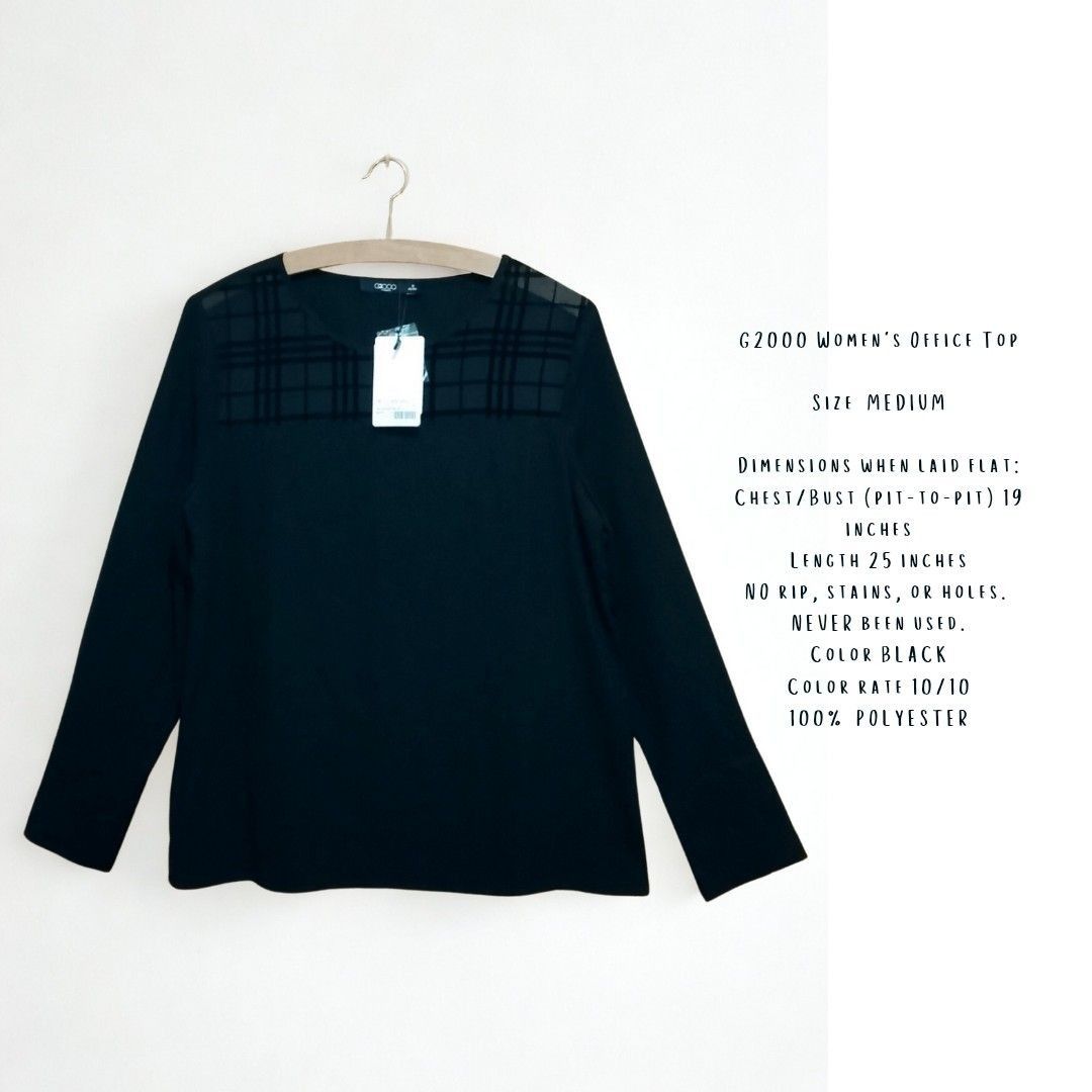 G2000 Women's Office Top (Category: Longsleeves) located in Iloilo. Submitted by achinom (Listing ID 1447849742, Image 1). Description: G2000 Women's Office Top Size MEDIUM Dimensions when laid flat: Chest/Bust (pit-to-pit) 19 inches Length 25 inches NO rip, stains, or holes. NEVER been used. Color BLACK Color rate 10/10 100% POLYESTER 📌 FIRST TO PAY=PRIORITY 📌 Please do not hesitate to haggle. I’d like to understand what price point works best
