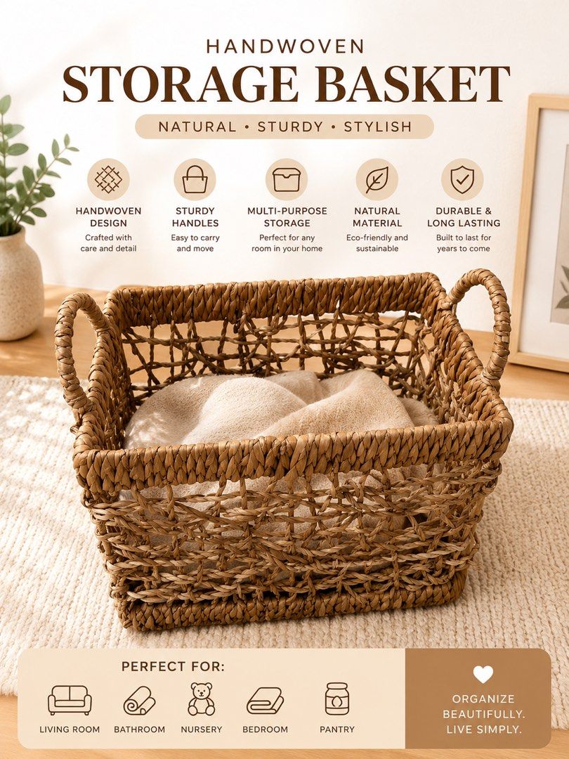 Handwoven Storage Basket - Natural, Sturdy, Stylish (Category: Storage Boxes & Baskets) located in Manila. Submitted by chiiisells_ (Listing ID 1447863840, Image 1). Description: - Handwoven storage basket made from natural, eco-friendly, and sustainable materials. - Features sturdy handles for easy carrying and portability. - Multi-purpose design, ideal for organizing any room: living room, bathroom, nursery, bedroom, or pantry. - Durable constr