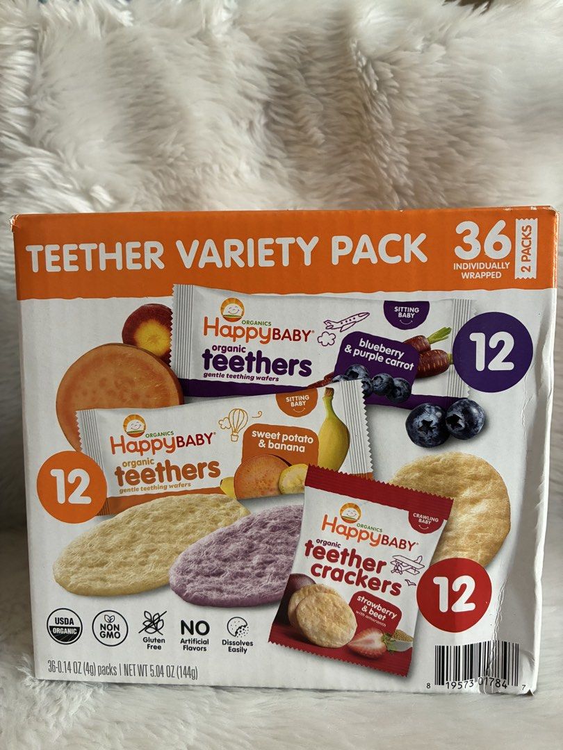 Happy Baby Organic Teethers Variety Pack 36 Count (Category: Weaning & Toddler Feeding) located in Manila. Submitted by jollyann_b1990 (Listing ID 1447748879, Image 1). Description: - Teether Variety Pack: - Delicious Flavors: Blueberry & Purple Carrot, Sweet Potato & Banana, Strawberry & Beet - USDA Organic & Non-GMO Certified - Gluten-Free - Easily Dissolves for Safe Teething - Perfect for Little Ones Experiencing Teething 1 PACK (12 PCS)- 380 