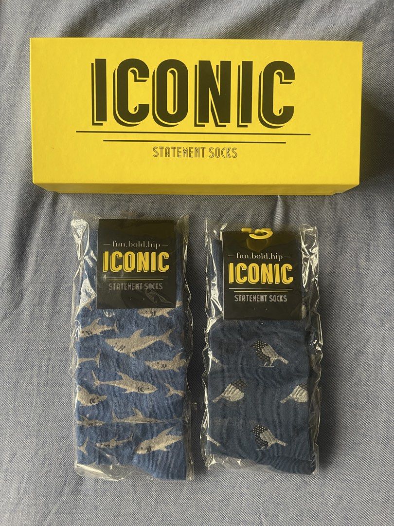 ICONIC Statement Socks - fun.bold.hip (Category: Socks) located in San Juan City. Submitted by miggyenriquez (Listing ID 1447741438, Image 1). Description: - Two pairs of ICONIC statement socks included. - brand new, given as a gift, never opened - Available designs: Fun shark pattern and cute bird design. - Comes in the original ICONIC box. - Ideal for adding a unique touch to any outfit..