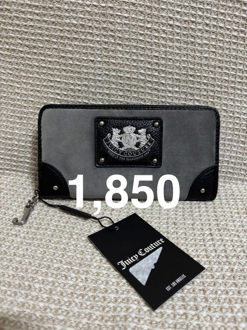 Juicy Couture Velour Wallets - Pink, Brown, Grey (Category: Wallets & Card holders) located in Manila. Submitted by leahamorca44675 (Listing ID 1447829326, Image 3). Description: - Three Juicy Couture wallets available. - Pink heart-shaped coin purse with pearl strap. - Pink velour zip-around wallet with gold crest. - Brown velour zip-around wallet with embroidered crown and 'Juicy Couture' detail. - Grey and black velour zip-around wallet with c