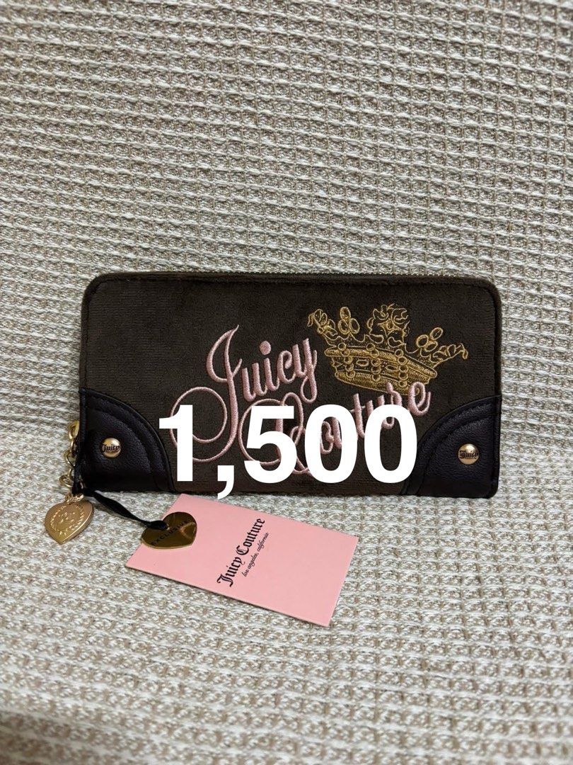 Juicy Couture Velour Wallets - Pink, Brown, Grey (Category: Wallets & Card holders) located in Manila. Submitted by leahamorca44675 (Listing ID 1447829326, Image 2). Description: - Three Juicy Couture wallets available. - Pink heart-shaped coin purse with pearl strap. - Pink velour zip-around wallet with gold crest. - Brown velour zip-around wallet with embroidered crown and 'Juicy Couture' detail. - Grey and black velour zip-around wallet with c