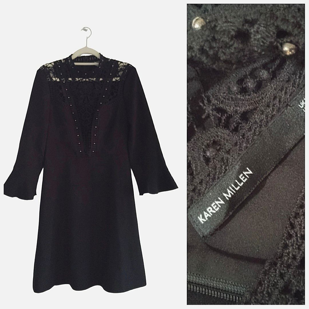 Karen Millen Black Dress (Category: Dresses) located in Caloocan City. Submitted by modishthriftstore (Listing ID 1447309705, Image 1). Description: Small-Medium Bust 33-34 waist 27-28 Length;35 Thick material with soft lining, zipper back, flare 3/4 sleeves,with studs on see through lace neckline details loc: Rainbow village 5 North Caloocan.