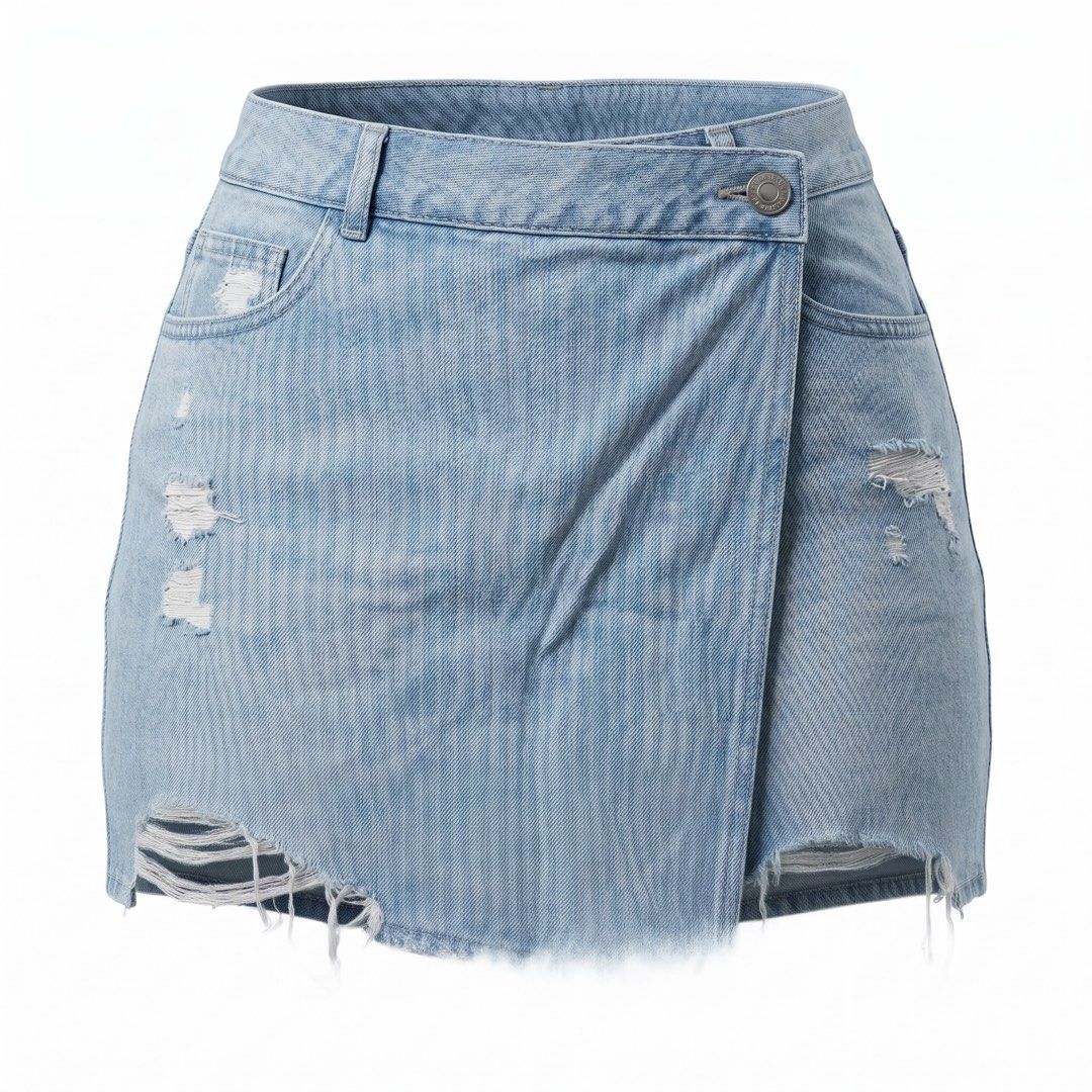 Light Wash Distressed Denim Wrap Skirt (Category: Skirts) located in Pasig City. Submitted by p_r23 (Listing ID 1447705576, Image 1). Description: - Light wash denim wrap skirt - Distressed details and raw hem - Vertical stripe pattern woven into denim - Button closure at waist - Versatile: pairs well with tees or crop tops -skort.