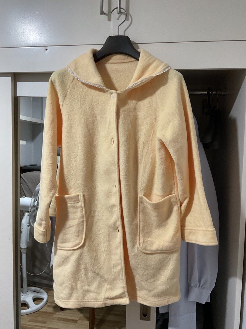 Light Yellow Fleece Robe with Collar and Pockets (Category: Coats, Jackets and Outerwear) located in Bulacan. Submitted by periwinkle_21 (Listing ID 1447866805, Image 1). Description: CLEARANCE SALE MGA SISSY❤️ Cozy light yellow fleece robe with lace-trimmed collar and two pockets. Button-up front. Perfect for out of town/ lounging and staying warm.