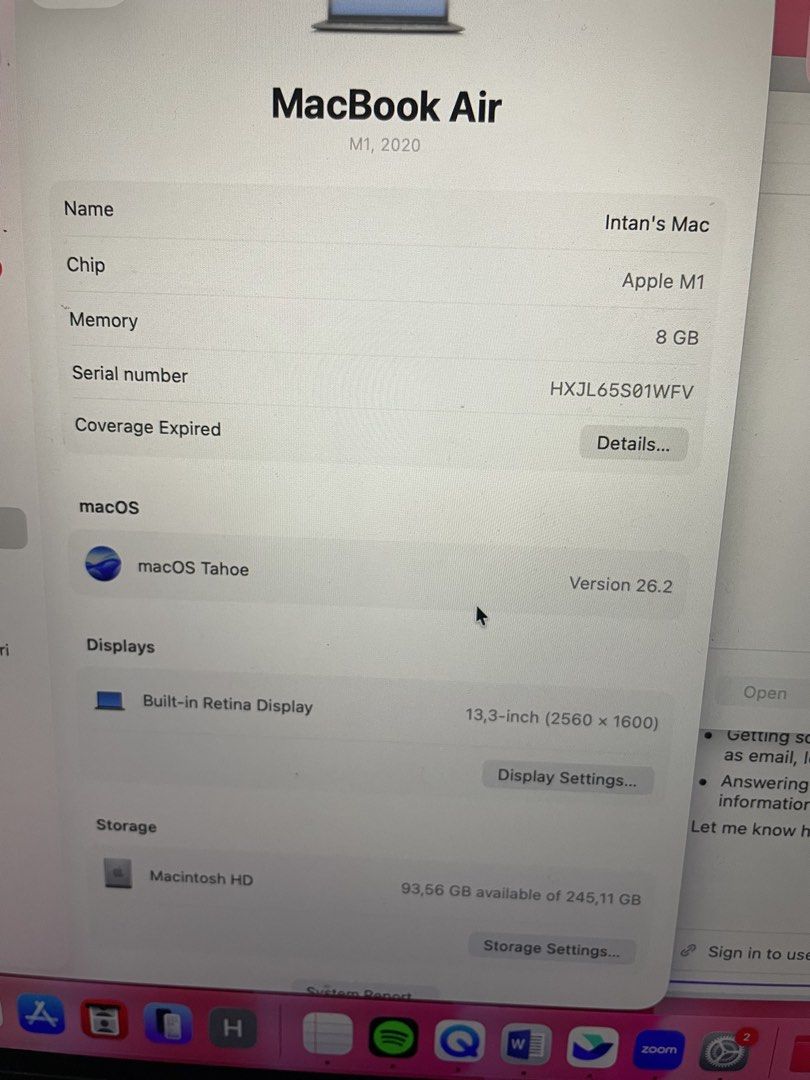 Macbook Air M1 256GB (Kategori: Laptop) berada di Depok. Dikirim oleh therealhascome (ID iklan 1447844871, Gambar 3). Deskripsi: Dijual karena sudah upgrade, kondisi mulus like new, masih sangat smooth, nego, bisa cek sepuasnya. kelengkapan dus, charger ori, macbook.