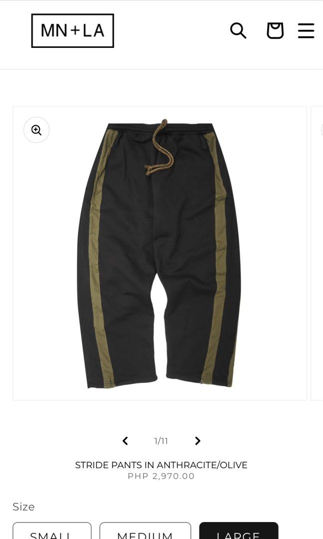 MN+LA Stride Pants in Anthracite/Olive (Category: Joggers) located in Quezon City. Submitted by oldbutgold1995 (Listing ID 1447878859, Image 1). Description: Size is Large, can possibly fit up to waistline 36. For context waist ko ay 30-31 Stride Pants in Anthracite/Olive stripes (L)- ₱1,400 (Original Price 2,970) Issue: Drawstring has loose thread. See last pic.