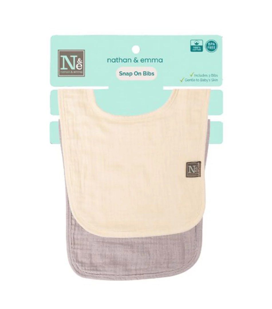 Nathan & Emma Snap On Bibs - 2pcs (Category: Babies & Kids Fashion) located in Manila. Submitted by cimpledimple (Listing ID 1447687102, Image 1). Description: - Set of 3 snap-on bibs from Nathan & Emma - Made with 100% cotton - BPA-free and gentle on baby's skin - Includes one light cream and one soft grey bib - Perfect for meal times.