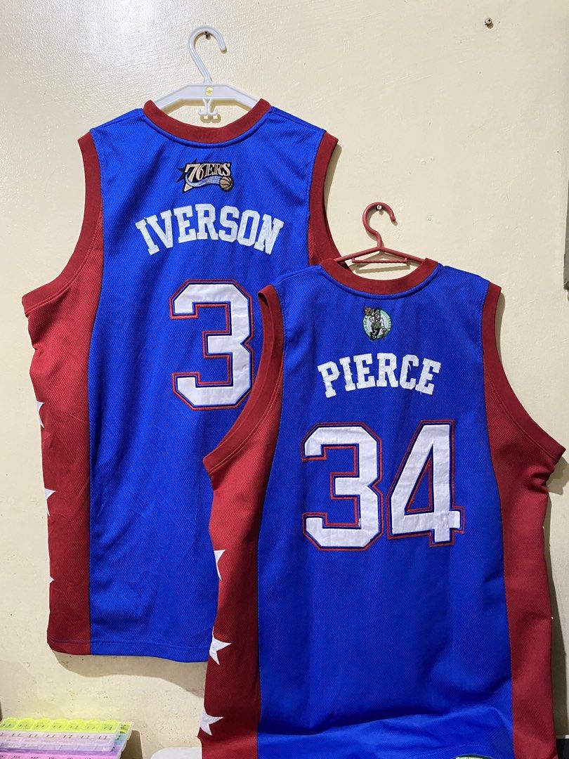 NBA All-Star East Jerseys - Iverson & Pierce (Category: Activewear) located in Pasay City. Submitted by 4zalea (Listing ID 1447843715, Image 2). Description: - Two NBA All-Star East jerseys - Allen Iverson #3 jersey - Paul Pierce #34 jersey - Color: Blue with red sides and white stars - Paul Pierce jersey features Hardwood Classics tag - Ideal for NBA collectors and fans.