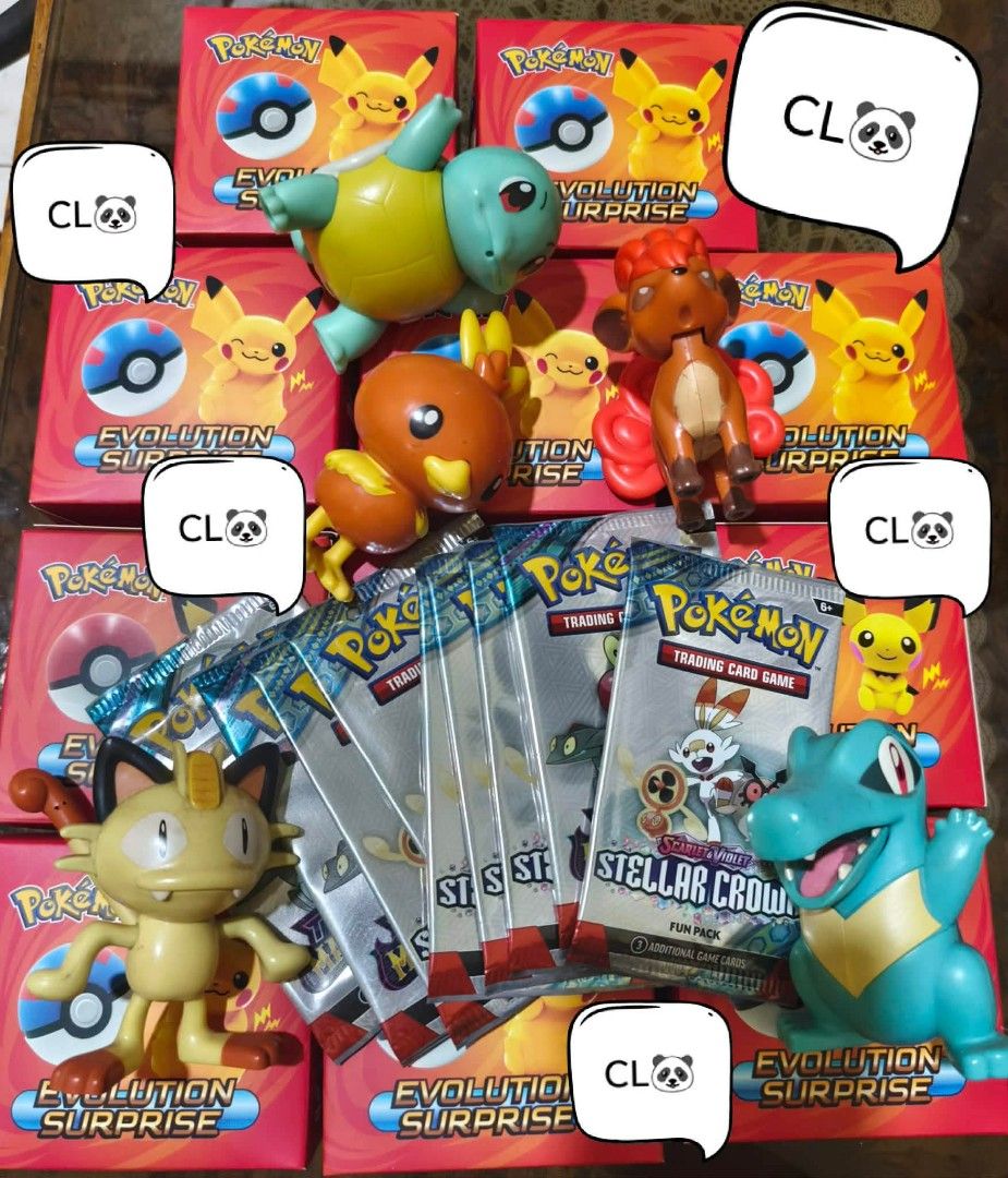 Pokemon TCG Booster Packs & Evolution Surprise Toys Bundle (Category: Card Packs) located in Bulacan. Submitted by sansan112424 (Listing ID 1447816958, Image 1). Description: - Pokemon Trading Card Game Booster Packs (includes 'Stellar Crown') - Multiple Pokemon Evolution Surprise Boxes - Assorted Pokemon Character Figures: Squirtle, Torchic, Growlithe, Meowth, Totodile - Ideal for any Pokemon enthusiast or collector! -100 start..
