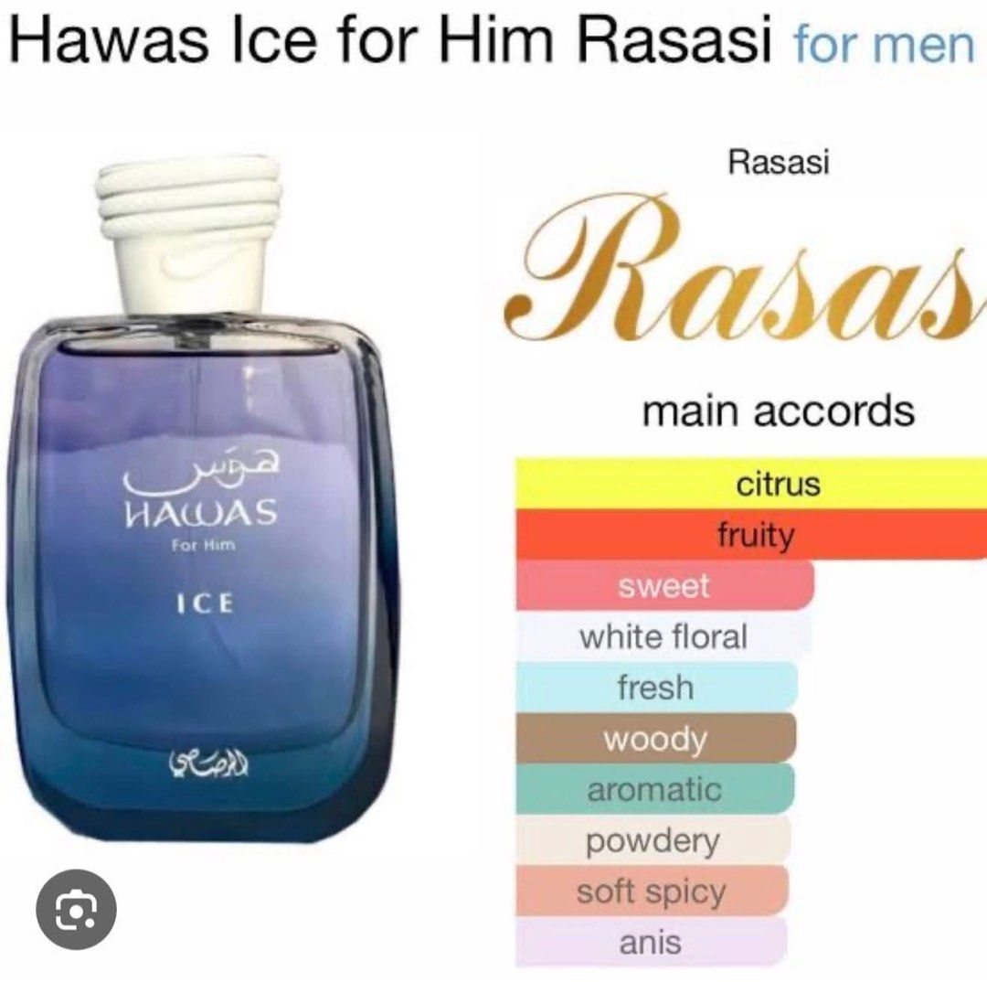 Rasasi Hawas Ice for Him Eau de Parfum 100ml (Category: Fragrance & Deodorants) located in Manila. Submitted by zigbouiema29280 (Listing ID 1447871697, Image 3). Description: 2900 price negotiable brandnew unopened box original straight from the mall rfs: new perfume, - Rasasi Hawas Ice for Him - Eau de Parfum - 100ml bottle - Scent profile: Citrus, Fruity, Sweet, Fresh, Woody, Aromatic - Perfect for men seeking a refreshing and captivating fragr