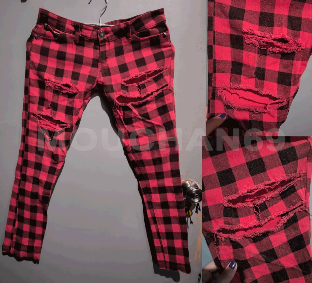 Red and Black Slim Plaid Ripped Pants (Category: Jeans) located in Pasig City. Submitted by Mou_chan (Listing ID 1447732102, Image 1). Description: Item Name: Red and Black Slim Plaid Ripped Pants Brand: Off Brand Price: 300 Specifications: Freesize. 84cm in length, 38cm waist when laid flat. Fabric is a bit stretchy. Low-raise style pants. Added the rips Condition: Well used. >No when worn..