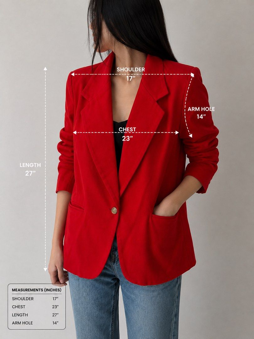 Red Blazer (Category: Coats, Jackets and Outerwear) located in Mexico. Submitted by studioleraph (Listing ID 1447686923, Image 2). Description: BLZ 08 - A 📏 Measurements (in inches): • Shoulder: 17 • Chest: 23 • Length: 27 • Armhole: 14 🫶 See Brand on Photo 🔥 The model photos are AI-generated for styling and fit visualization only. 👗 The actual item being sold is the original garment shown in the product photos. Small differences in fit, drap