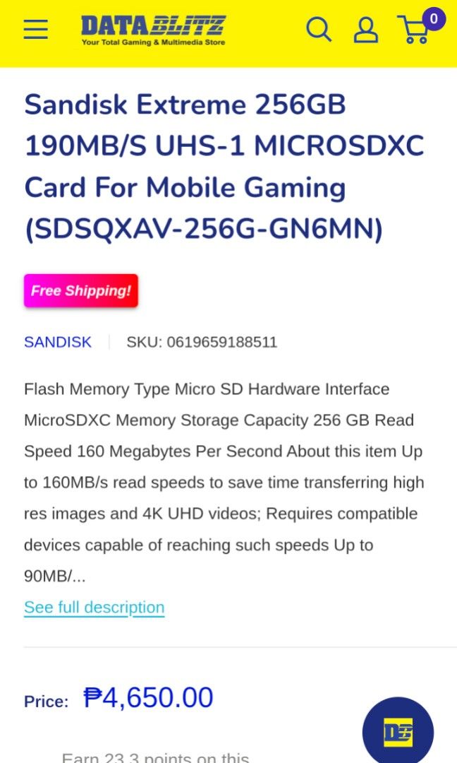 Sandisk Extreme Plus 256Gb A2 (Original) (Category: In-Game Products) located in Quezon City. Submitted by shopme_gadget30 (Listing ID 1447836276, Image 3). Description: kindly Read the details micro Sd cards Original Tested and working all preloved not brandnew Legit authentic (Check photos) Srp at datablitz : 4650 Selling Price : 3260 Quezon City Area meet up: sm north edsa MOP: Maribank/Gcash/bdo can do lalamove or grab shoulder mo sf check my