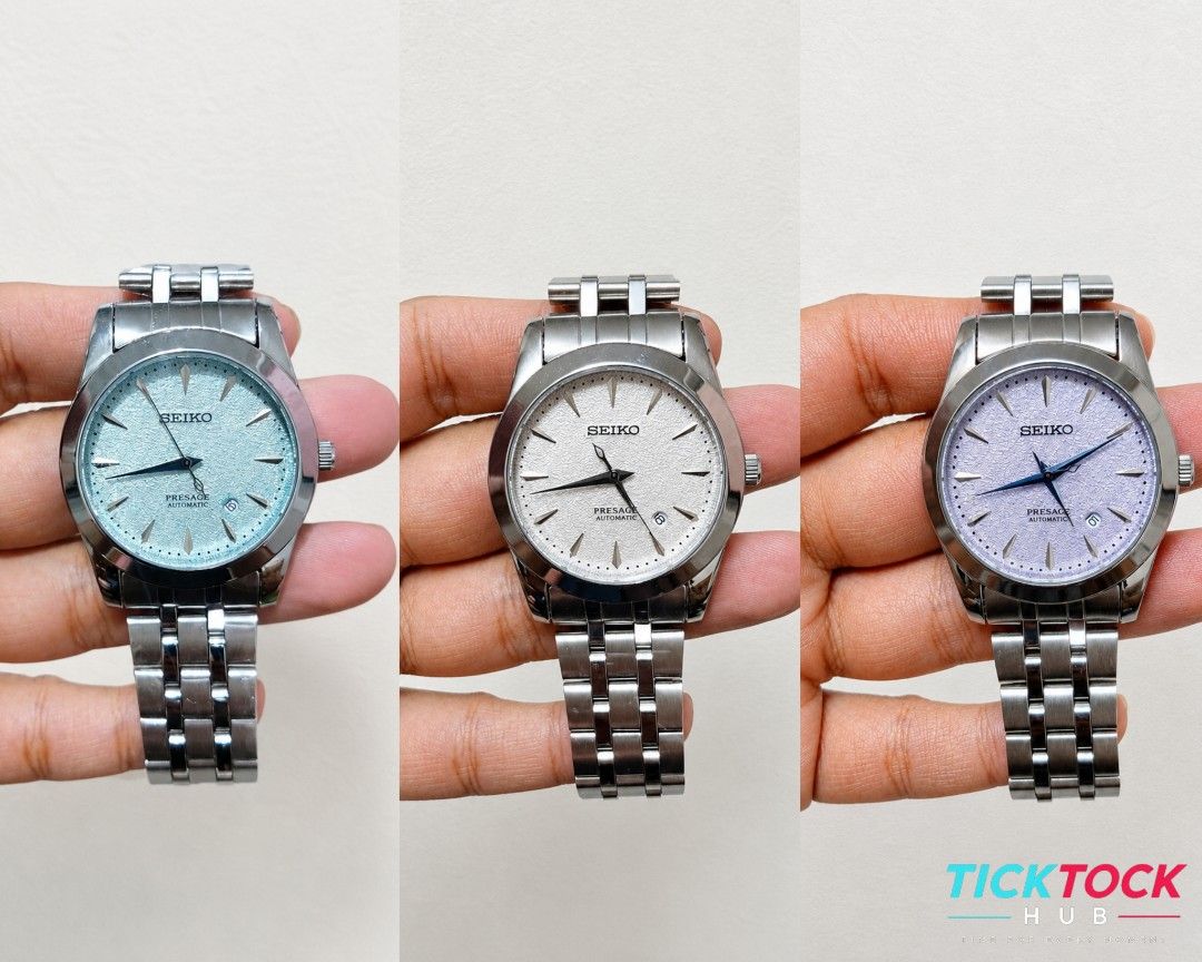 Seiko Presage Automatic Watch - Multiple Dial Colors (Category: Luxury Watches) located in Bacoor. Submitted by looty1991 (Listing ID 1447730169, Image 1). Description: Seiko Presage UNISEX ✅tiffany ✅pearl white ✅purple -38mm -Battery Operated -Built in Date Display 999 each bacoor cavite.