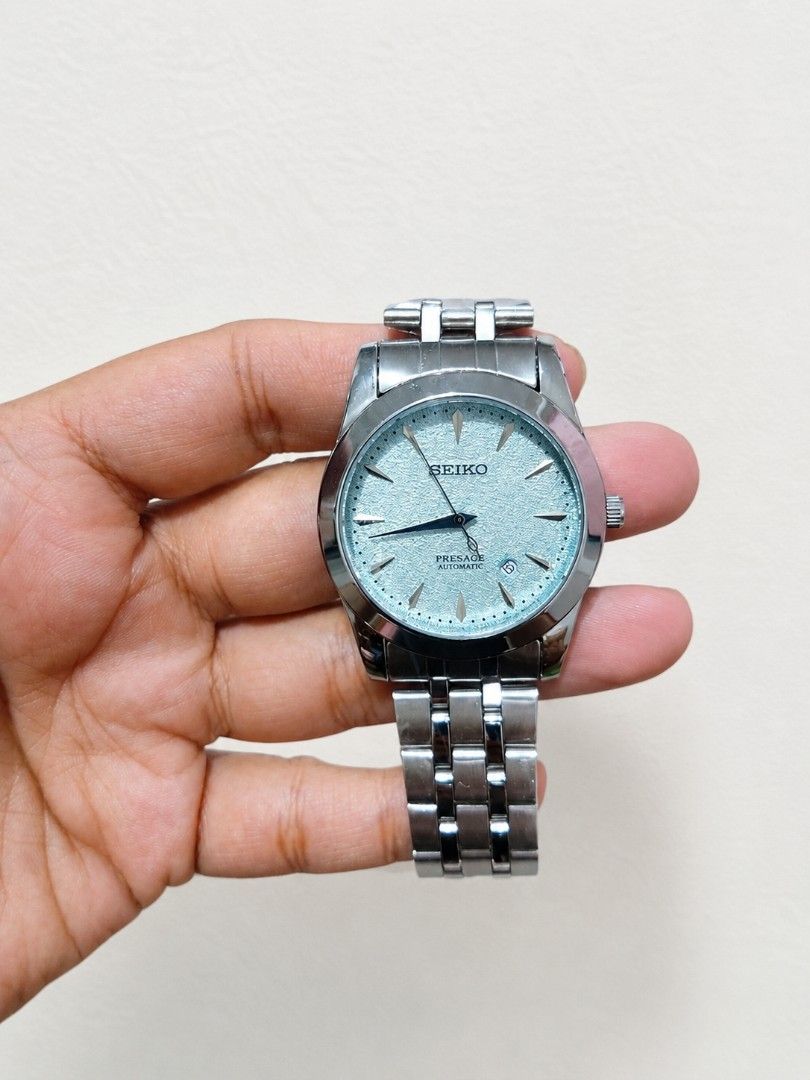 Seiko Presage Automatic Watch - Multiple Dial Colors (Category: Luxury Watches) located in Bacoor. Submitted by looty1991 (Listing ID 1447730169, Image 2). Description: Seiko Presage UNISEX ✅tiffany ✅pearl white ✅purple -38mm -Battery Operated -Built in Date Display 999 each bacoor cavite.