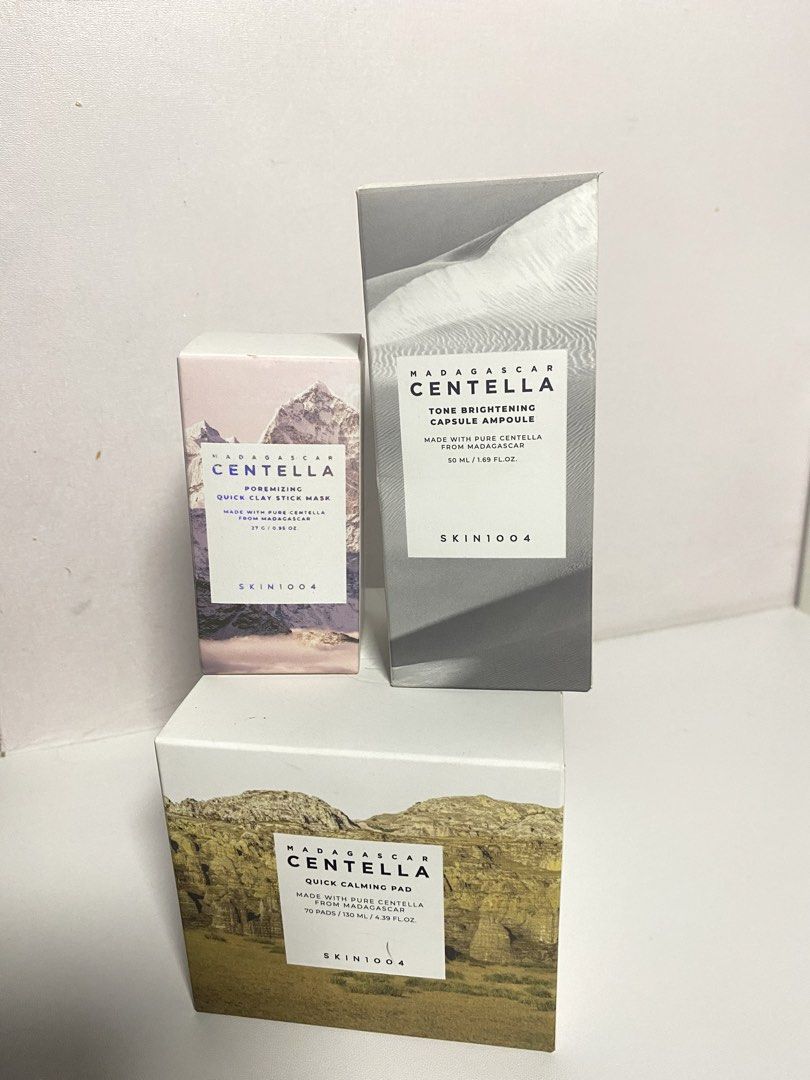 SKIN1004 Madagascar Centella Skincare Set (Category: Face Care) located in San Fernando. Submitted by k.ugcart (Listing ID 1447723564, Image 1). Description: - Brand new SKIN1004 Madagascar Centella skincare set - Includes: Tone Brightening Serum (50ml), Poremizing Quick Clay Stick Mask, Quick Calming Pad (70 pads) - Two items are sealed and unused - Expiry Dates: 2027 - Benefits: Soothing and brightening for your skin.