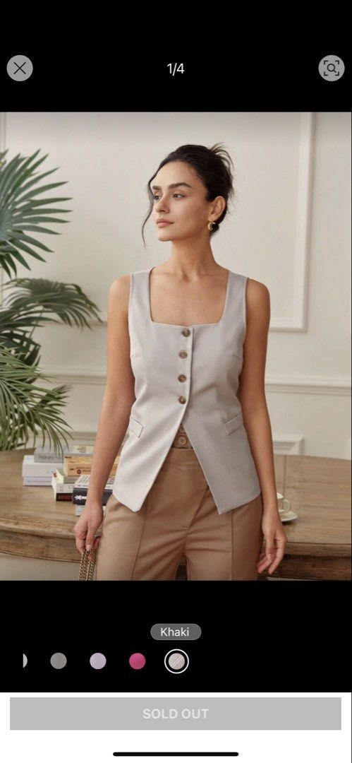 Sleeveless Square Neck Button-Up Vest Top - Khaki (Category: Sleeveless) located in Taguig. Submitted by _anythingpreloved (Listing ID 1447741370, Image 3). Description: - Sleeveless vest top - Square neckline - Button-up front - Two front pockets - Neutral khaki color - Easy to pair with any outfit - Perfect for layering or wearing alone - Ideal for a smart casual style.