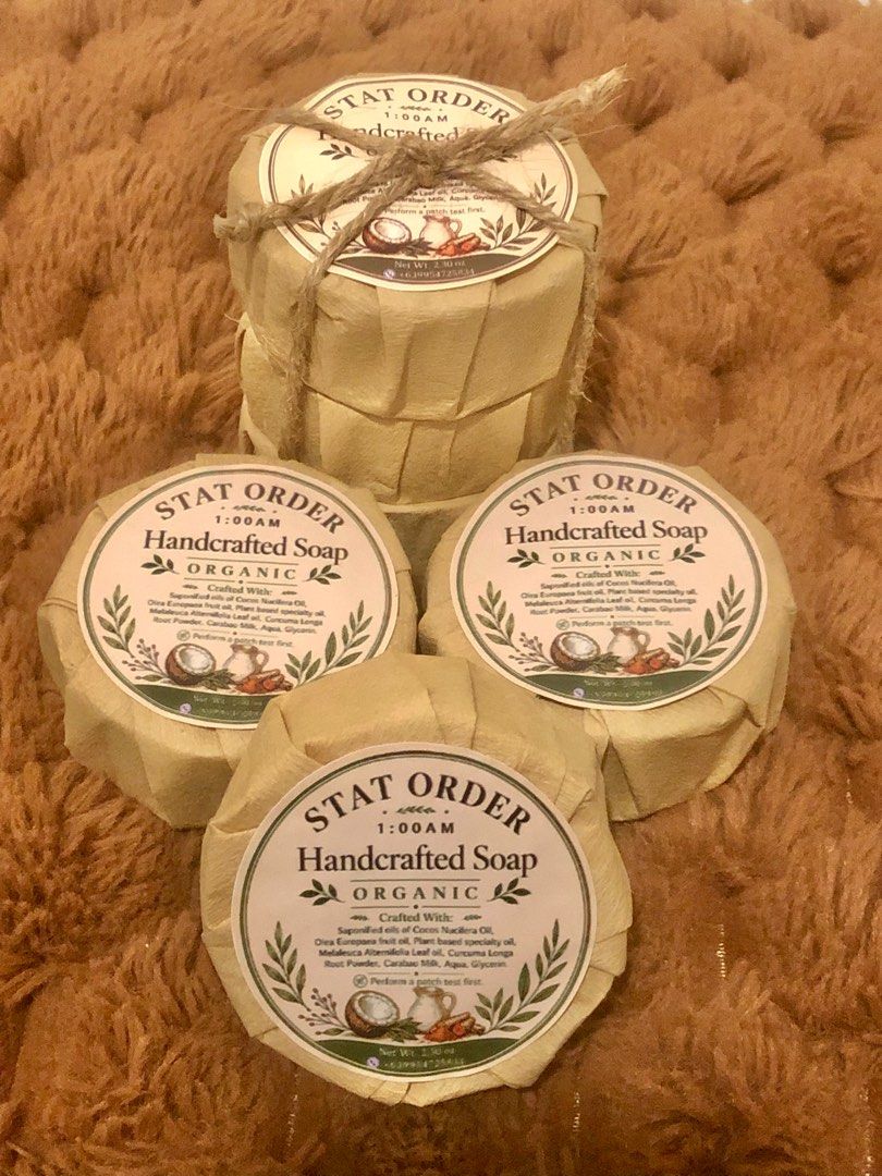 STAT ORDER Handcrafted Soap Organic (1:00 AM) (Category: Bath) located in Mandaluyong City. Submitted by Skin_ClothingEmpire (Listing ID 1447847229, Image 2). Description: - Handcrafted organic soaps - Made with natural ingredients (olive oil, turmeric,carabao milk,tea tree oil, jojoba oil, essential oils) - Gentle and great for daily use - For Dry sensitive skin - Face and Body use - Eco-friendly packaging - Order yours today!.