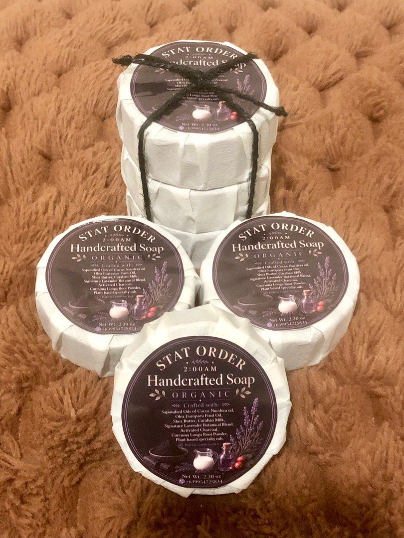 STAT ORDER Handcrafted Soap Organic (2:00 AM) (Category: Bath) located in Mandaluyong City. Submitted by Skin_ClothingEmpire (Listing ID 1447849748, Image 2). Description: - Stat Order Handcrafted Soap Organic - Each bar is 2.30 oz/3pcs in one set - Ingredients: Olive oil, Shea butter, Carabao Milk, Lavender oil, Activated Charcoal, Tea tree oil, rose hip oil, essential oils - Suitable for face and body - For Dry sensitive skin .