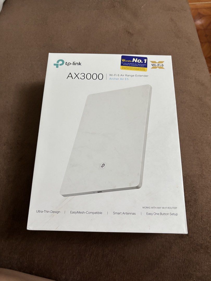 TP-Link AX3000 Wi-Fi 6 Archer Air E5 Range Extender (Category: Networking) located in Valenzuela. Submitted by graciadianna (Listing ID 1447811742, Image 1). Description: - TP-Link AX3000 Wi-Fi 6 Range Extender (Archer Air E5) - Ultra-thin design for a sleek look - Easily boost Wi-Fi coverage throughout your home - Works seamlessly with any existing Wi-Fi router - Simple mesh networking with WPS button - Smart antennas for optimized Wi-Fi perform