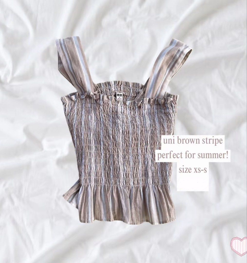 uniqlo brown smocked stripe top (Category: Sleeveless) located in Dagupan City. Submitted by matchamwa (Listing ID 1447744786, Image 2). Description: 🍡xs-s 🍡mop: gcash 🍡mod: lbc 🍡sf: 64-69 php.