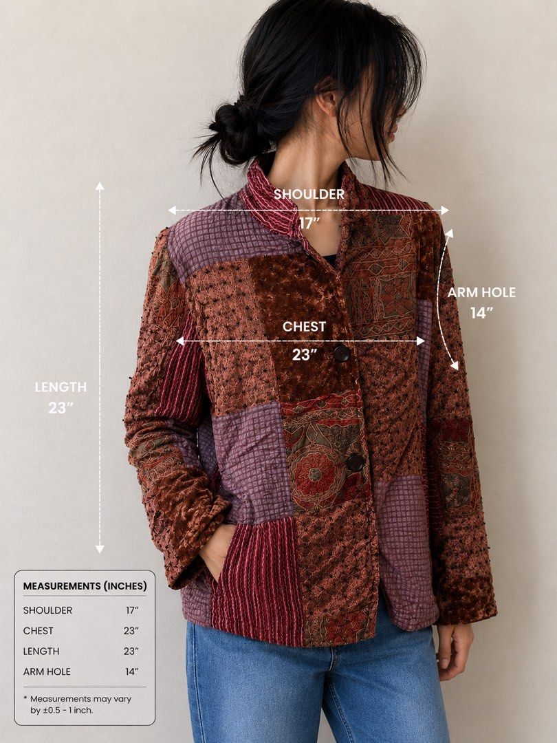 Vintage Textured Blazer (Category: Coats, Jackets and Outerwear) located in Mexico. Submitted by studioleraph (Listing ID 1447686126, Image 2). Description: BLZ 05 - A 📏 Measurements (in inches): • Shoulder: 17 • Chest: 23 • Length: 23 • Armhole: 14 🫶 See Brand on Photo 🔥 The model photos are AI-generated for styling and fit visualization only. 👗 The actual item being sold is the original garment shown in the product photos. Small differences