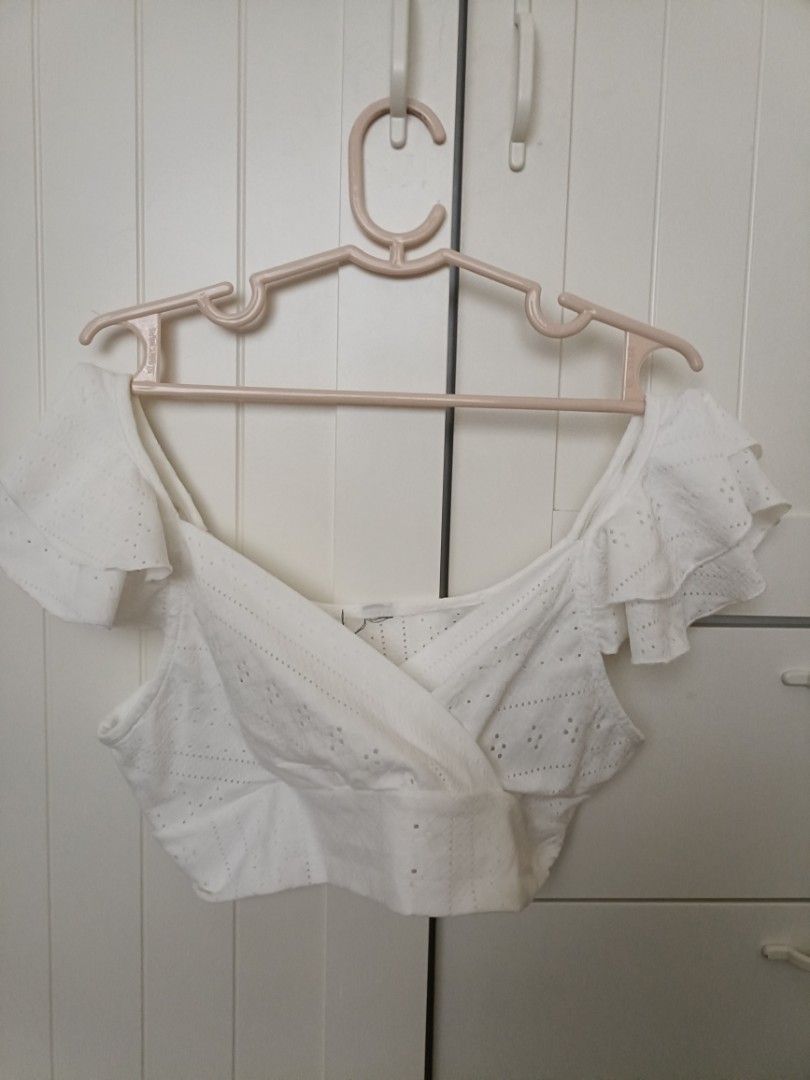 White Eyelet Wrap Crop Top with Ruffle Sleeves (Category: Blouses) located in Bacoor. Submitted by Miss_Chuch0521 (Listing ID 1447722716, Image 3). Description: - Cute white eyelet crop top - Wrap front design - Fluttery ruffle sleeves - Textured fabric pattern - Pairs well with high-waisted jeans or skirts - Ideal for summer outings Brand: No Brand Size: M Condition: Like new never used RFS: Declutter MOP: Gcash / Bank Transfer MOD: Lalamove / J