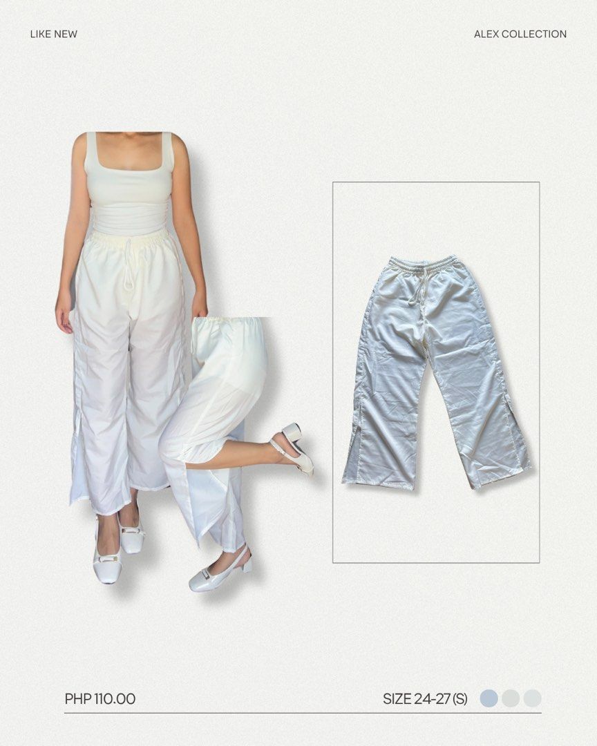 White Wide Leg Trouser Pants With Side Slits (Category: Other Bottoms) located in Legazpi City. Submitted by by.alex (Listing ID 1447693831, Image 1). Description: - Waist: Drawstring for a comfortable fit - Features: Side slits - Size: 24-27 (S, M, & L) - For jogging, beach, & casual wear .