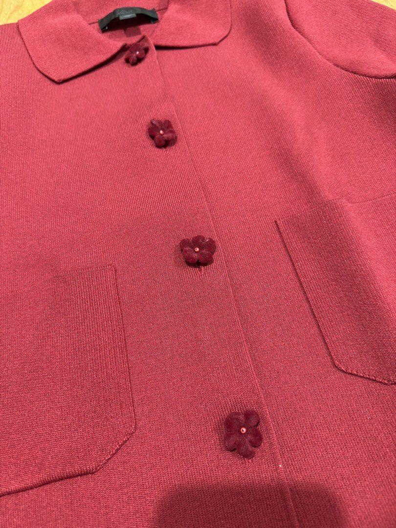 ZARA Red Button Up Cardigan with Flower Buttons (Category: Coats, Jackets and Outerwear) located in Caloocan City. Submitted by MSCloset_ (Listing ID 1447795324, Image 2). Description: - Cute red ZARA cardigan - Features a collar and two front pockets - Adorable flower button details - Estimated size S - Ideal for layering.