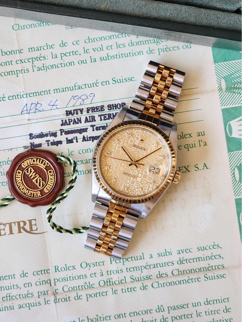 1989 Rolex Datejust 16233 two tone (Category: Luxury Watches) located in Pasig City. Submitted by inverted6_ph (Listing ID 1447961352, Image 2). Description: 1989 Rolex Datejust 16233 two tone Anniversary dial with factory diamonds 9/10 condition. Execellent bracelet with minimal wear Comes with inner box and punched paper Asking 388,000php 📍Viewings can be done on our shop located at the Grove by Rockwell, Pasig 📲IG: Invertedsix DM for further