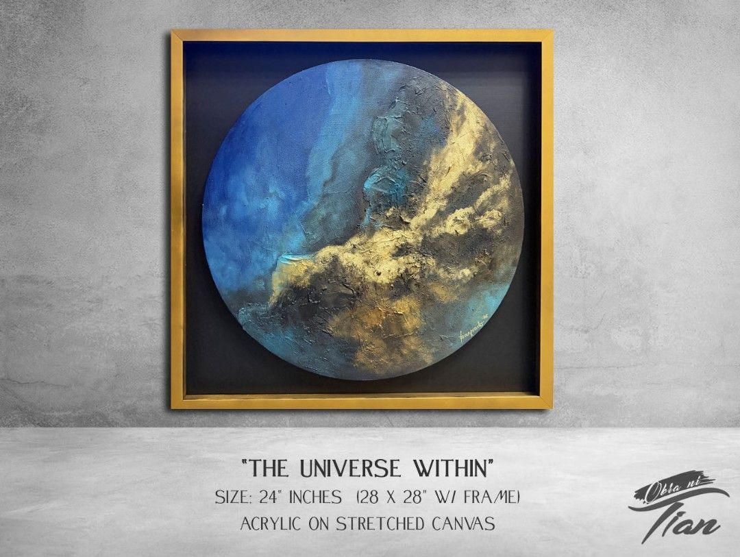 Abstract Painting "The Universe Within" (Category: Art & Prints) located in Quezon City. Submitted by obranitian (Listing ID 1447980725, Image 1). Description: Size: 24 inches diameter (approx. 28 x 28" with frame) Acrylic paint with varnish finishing On stretched Canvas with gold floating frame With COA Ready to Display Pm me for details..