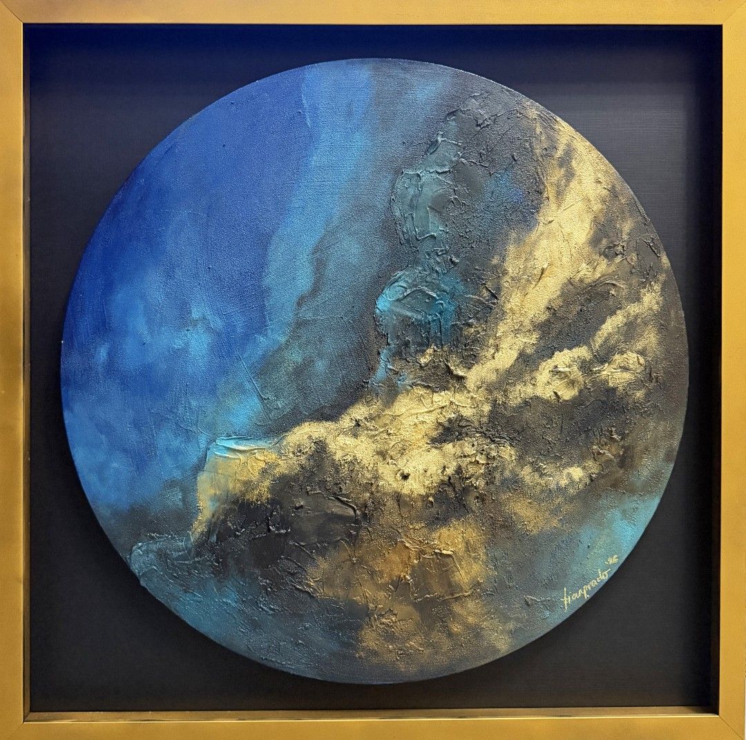 Abstract Painting "The Universe Within" (Category: Art & Prints) located in Quezon City. Submitted by obranitian (Listing ID 1447980725, Image 3). Description: Size: 24 inches diameter (approx. 28 x 28" with frame) Acrylic paint with varnish finishing On stretched Canvas with gold floating frame With COA Ready to Display Pm me for details..