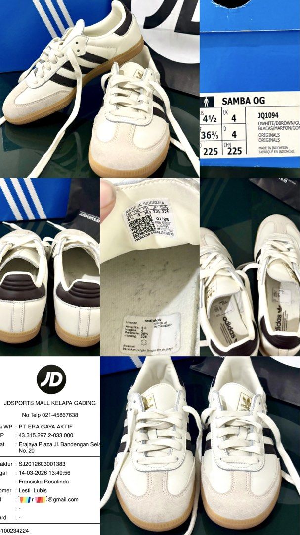 ADIDAS SAMBA OG WHITE - DARKBROWN (Kategori: Sepatu Wanita) berada di Jakarta Timur. Dikirim oleh lestilbs (ID iklan 1448042348, Gambar 3). Deskripsi: 👟 Size 36 2/3 👟 Baru 2 kali pake, karena seharusnya size 37 1/3 dipaksain malah kurang nyaman 🥲 👟 Lengkap dengan box, invoice dan paperbag JDsports (baru beli Maret 2026) Mau tanya tanya boleh DM ajaaa yaa ☺️￼.