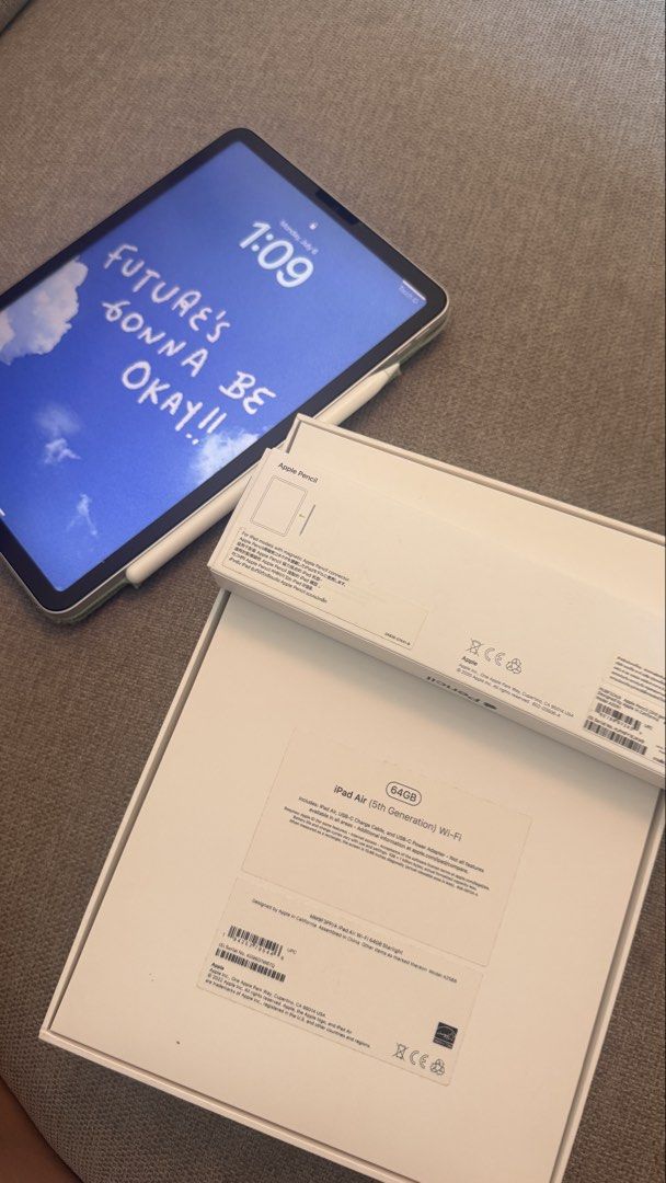 Apple iPad Air (5th gen) WiFi with Apple Pencil (Category: iPad) located in Pasig City. Submitted by angosays (Listing ID 1447925547, Image 2). Description: Apple iPad Air (5th Generation) 64GB Storage, Wi-Fi Model Color: Starlight Includes Apple Pencil (2nd gen) Complete with original boxes No issues, all working and barely used Paper-like brand screen protector I'm the original owner, the ipad has a screen protector and case from first use RFS 
