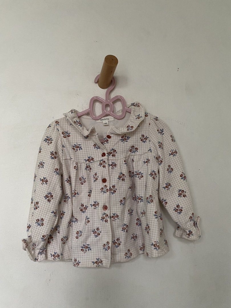 Baby & Kids Floral Grid Button-Up Jacket (Category: Babies & Kids Fashion) located in Quezon City. Submitted by patrishx (Listing ID 1447980152, Image 1). Description: - Cute floral print jacket for kids - Grid pattern with small red and blue flowers - Features a Peter Pan collar - Button-up front for easy dressing - Ruffled cuff detail on sleeves - Ideal for layering over outfits.